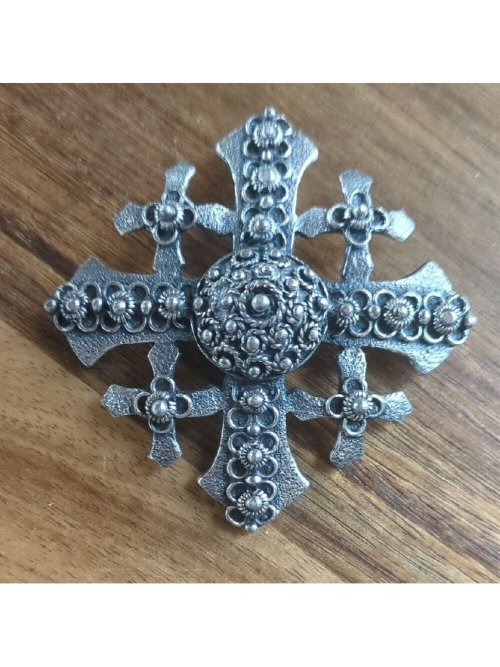 Jerusalem Cross Brooch Pin/Pendant  Silver Tone Floral Ornate Vintage